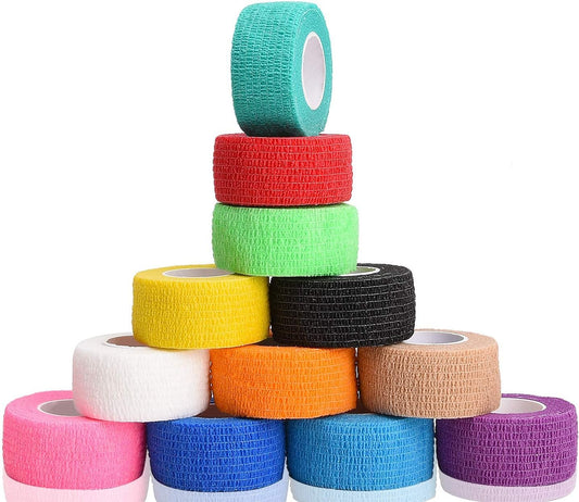 Noverlife 12 Colors Non-wonven Self Adhesive Bandage Wrap for Finger Guard Nail Protector, 2.5cm x 4.5m / 1" x 5yd Waterproof Cohesive Elastic Tape Sports Fixing Band Stretch Wrap