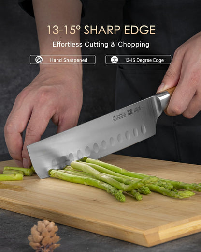 Mitsuharu 7 inch Nakiri Knife, SHOMAN Series Vegetable Knife, Razor Sharp Blade, Ergonomic Olive Wood Handle, German Steel Meat Cleaver, Japanese Chef Knife, Vegetable Kitchen Knife with Case