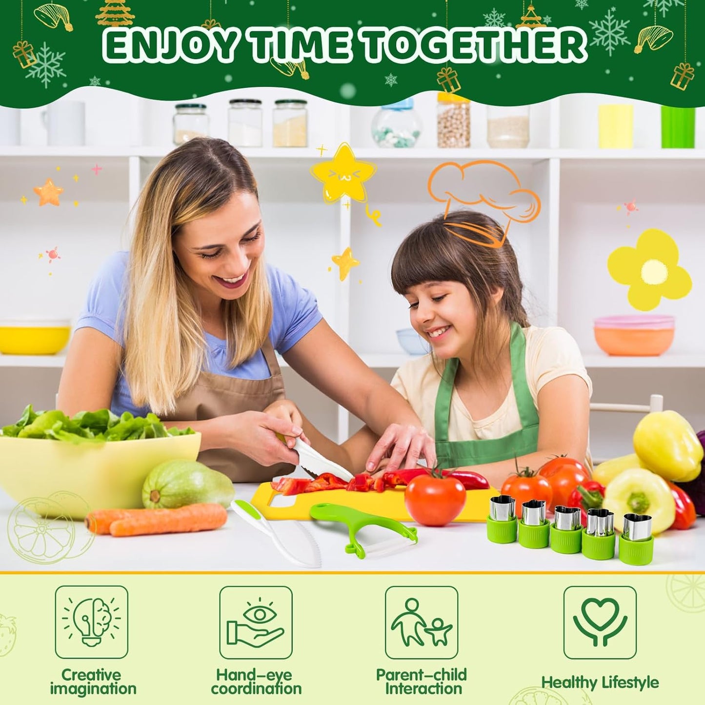 50PCS Kids Kitchen Cooking Set - Crocodile Wooden Kid Safe Knife Cutting Board Apron Gloves Fruit Vegetable Crinkle Cutters Peeler Serrated Edges Plastic Toddlers Knives, Kids Knifes for Real Cooking
