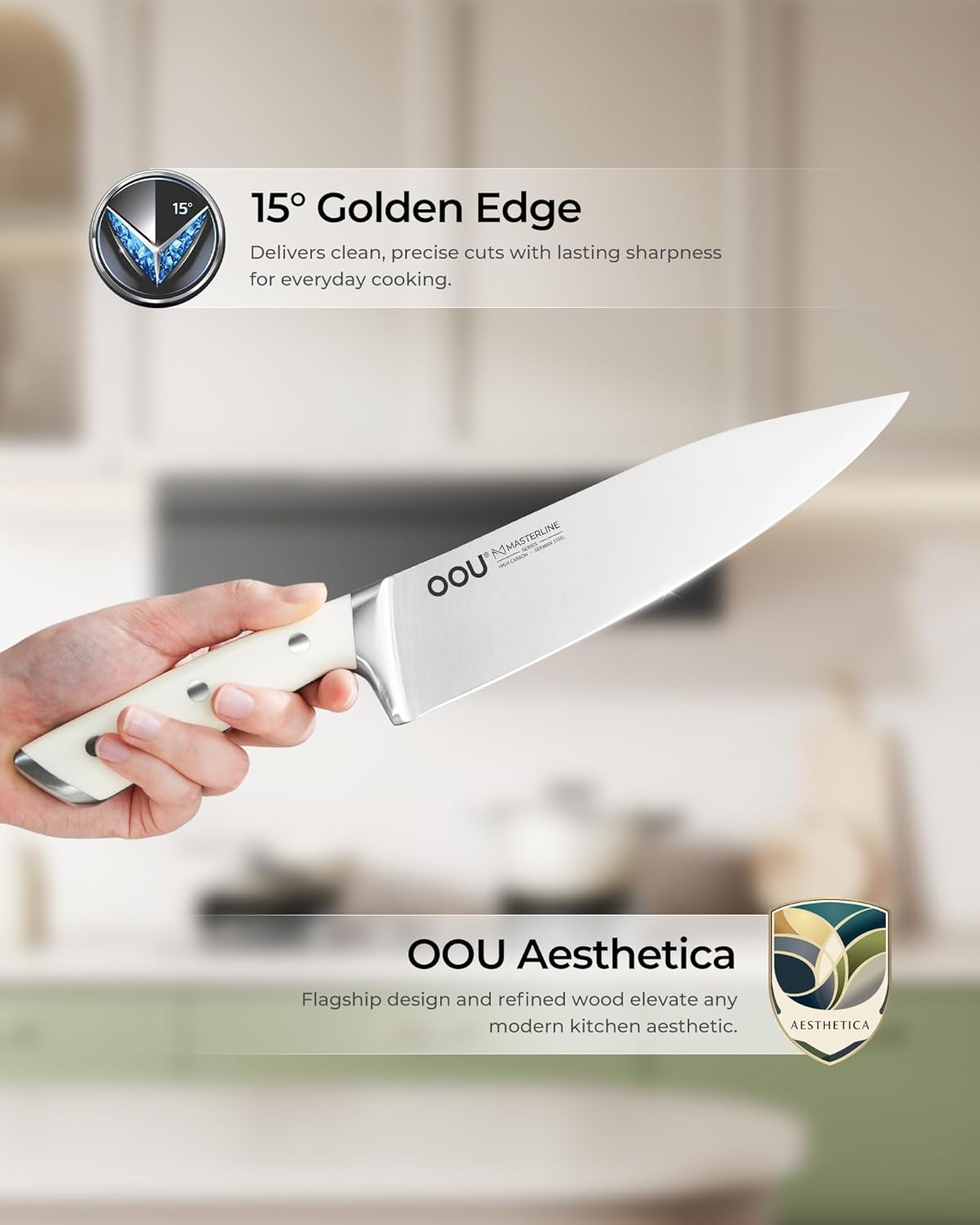 OOU 2025 Kitchen Knife Set with Block, 15-Piece German Stainless Steel Knife Blcok Set with Sharpening Rod, Ergonomic Wood Handle,Premium Razor-Sharp Knives Set for Kitchen