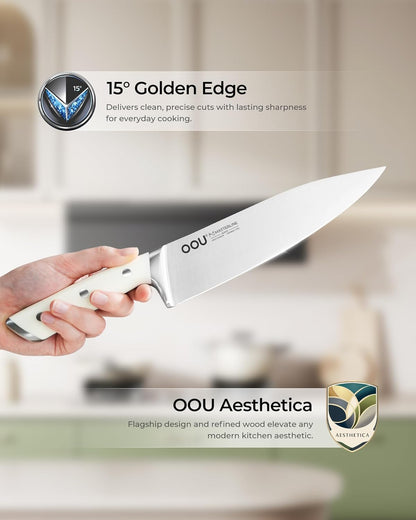 OOU 2025 Kitchen Knife Set with Block, 15-Piece German Stainless Steel Knife Blcok Set with Sharpening Rod, Ergonomic Wood Handle,Premium Razor-Sharp Knives Set for Kitchen