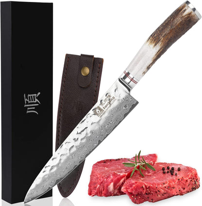 SUNLONG Usuba & Nakiri Knife 6.5 inch Fruit and Vegetable Knife Japanese Hammered Damascus Steel Super sharp - Natural Deer Horn Handle