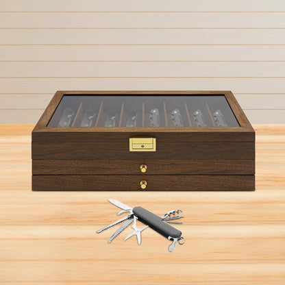Single Tier Pocket Knife Display Case 8 Slot Lockable Knife Storage Box Knife Collection Display Holder with Transparent Glass Top & Drawer for Utility Knife, Camping Knife (Ebony Color)