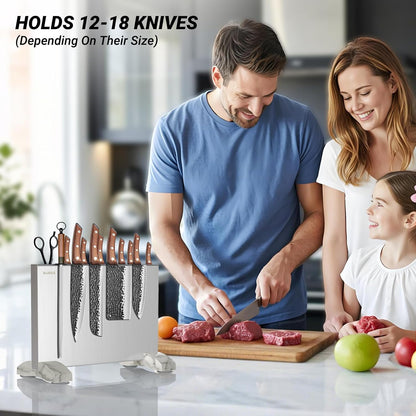 Magnetic Knife Holder, Stainless Steel Magnetic Knife Block without Knives, Strong Double Sided Magnet Knife Storage Strip with Wood Base for Kitchen Counter-Silver