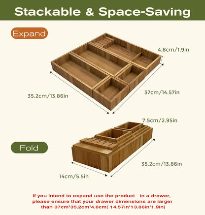 KOCWELL Bamboo Drawer Organizer with Knife Block, 3 Removable Silverware Drawer Organizer Bins - Multi-Use for Kitchen Utensils, Office, Makeup, Tools Storage