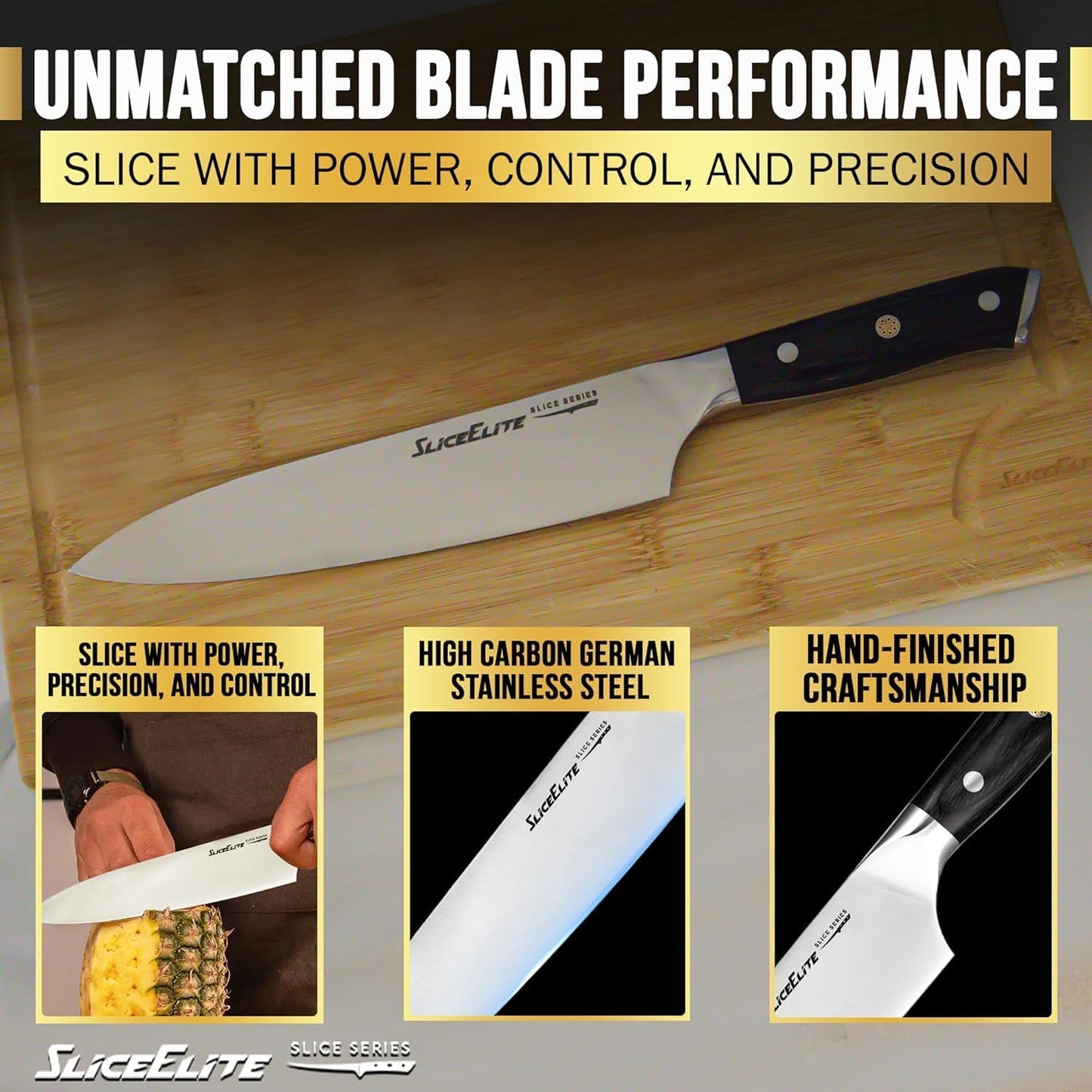 SliceElite Slice Series 8 Inch Carving Knife High Carbon German Stainless Steel Pakkawood Handle Brisket Slicer Chopper BBQ Chef Sharp Fruit Vegetable Butcher Kitchen Cutting Meat Tool Gift Precision