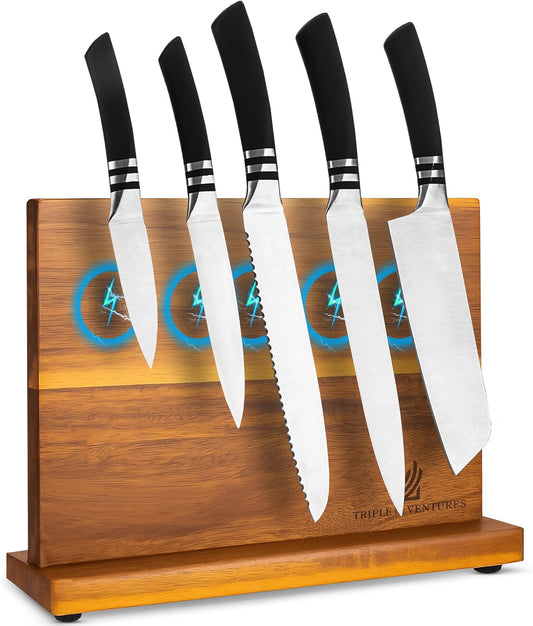 Magnetic Knife Block – Double-Sided Acacia Wood Knife Holder Stand, Strong Magnet Storage for Kitchen Knives & Utensils, Space-Saving Countertop Organizer