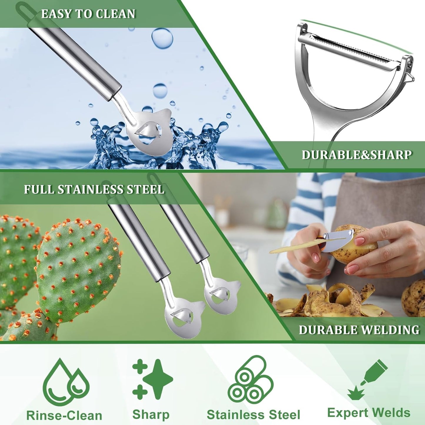 Lothee 4 Pcs Cactus Peeler Tools Set, Peeler Spoon, Stainless Steel Cactus Paring Knife Long Handle with Hole Slicing Noodle Cutter for Kitchen Cooking, Cuchara Multi-function Pelador De Nopales