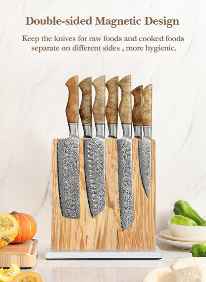 Strong Double Sided Magnetic Knife Block Without Knives, with Acacia Wood+430 Stainless Steel Base，Magnetic Universal Stands with Strong Enhanced Magnets Strip Kitchen Storage Cutlery Large Organizer