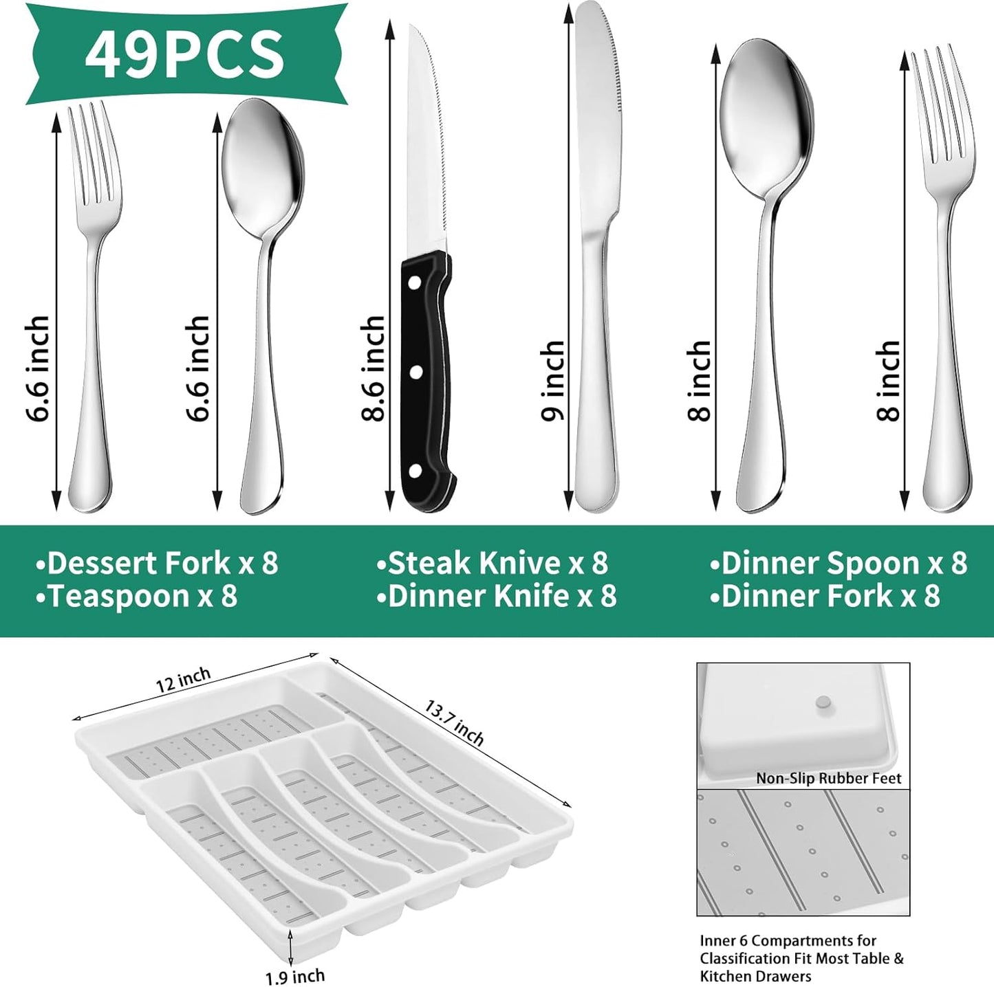 JUNLIN 49 Pieces Black Silverware Set with Steak Knives, Stainless Steel Silverware with Organizer Flatware Utensils Set for 8, Forks and Spoons Silverware Set Cutlery Set