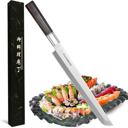 Waterboss,Japanese Sushi Chef Knife Salmon Knife Slicer Razor Sharp Sashimi Watermelon Knives, 5Cr15mov Stainless Steel Sashimi Yanagiba Knife, Maple Handle, 11.8inch (300mm)