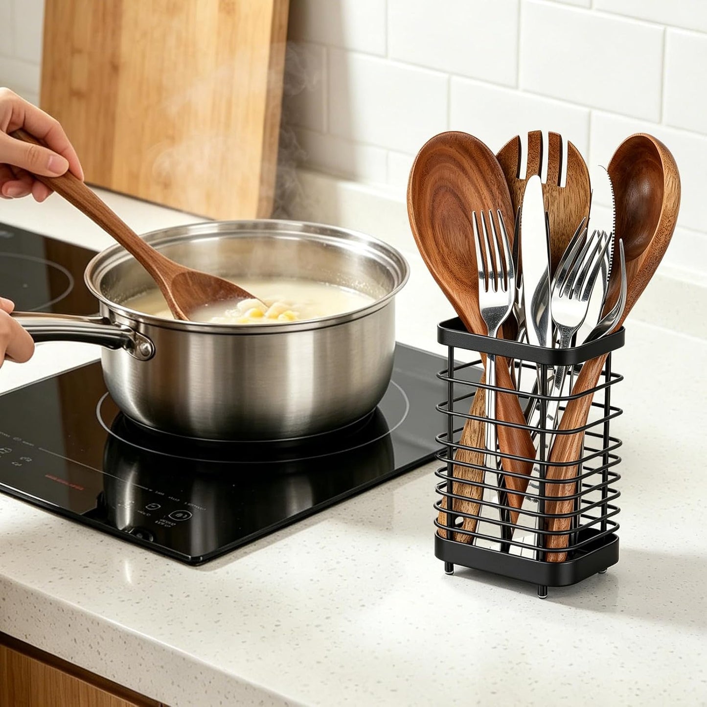 Utensil Holder, Stainless Steel Utensil Drying Rack for Kitchen Counter, Silverware Cutlery Flatware Holder Forks, Knives, Spoons, Chopsticks Organizer (Silver)