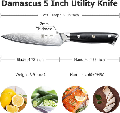 PAUDIN Utility Knife, 5 Inch Chef Knife, Ultra Sharp High Carbon Stainless Steel, Multipurpose Paring Knife for Fruit and Vegetable Cutting with Wooden Handle, Premium Gift Box