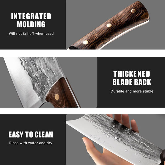 ZENG 8 Pieces Butcher Knife Set with Roll Bag, Chef Knife Set for Meat Cleaver Cutting & Viking Knives with Ergonomic Handles, Stainless Steel Hand Forged Kitchen Knife Set for Home, Cooking, Camping