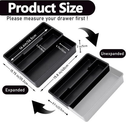 Kitchen Utensil Drawer Organizer, Expandable Cooking Silverware Tray, Adjustable Cutlery Flatware Holder for Spoon Fork Knife, 3 Compartments Black Plastic Spatula Tools Gadgets Storage Divider