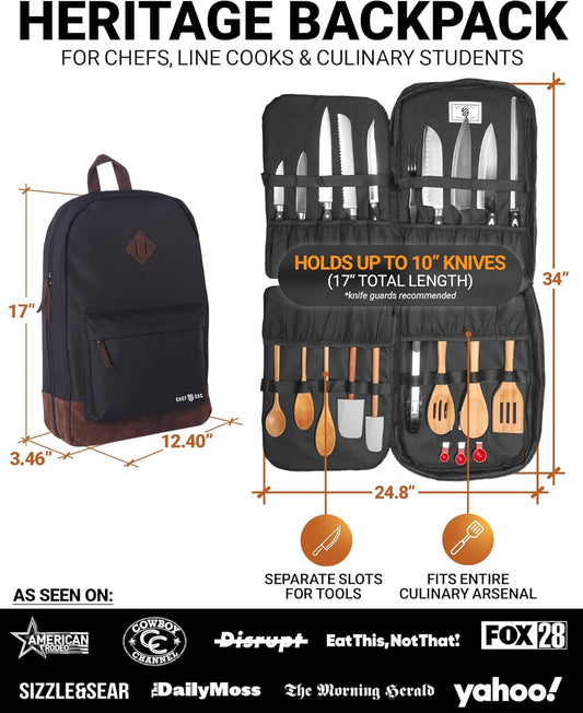 Chef Knife Backpack, Professional Knife Bag for Chefs and Culinary Students, Heritage Design, Reinforced Handles, YKK Zippers, Secure Knife Retention Panels, Durable Water-Resistant Fabric (Black)