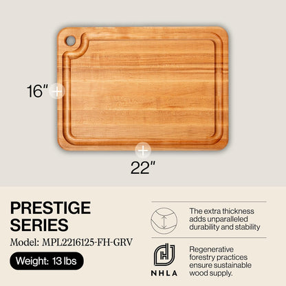 John Boos Prestige Series Rectangular Wooden Maple Cutting Board 18”x12” – 1.25” Thick, 8-lb Reversible Butcher Block with Juice Groove, Edge-Grain & Finger Grip Hole – Made in the USA