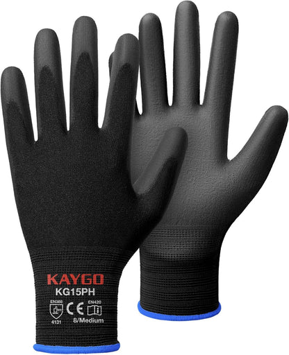KAYGO Ultra Thin PU Coated Safety Work Gloves, 12 Pairs Nylon Knit, High Dexterity Anti-Slip Breathable Light Duty Gloves for Precision, Warehouse, DIY & Electronics (L,Gray)
