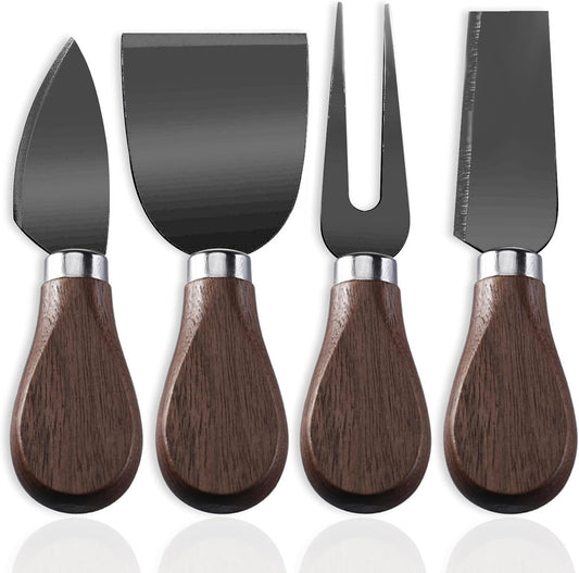 Linwnil 4-Piece Set of Stainless Steel Cheese Knives with Wood Hand, Including Cheese Slicer and Cheese Cutters, Essential Cheese Tools for the Kitchen (Walnut handle, Black)