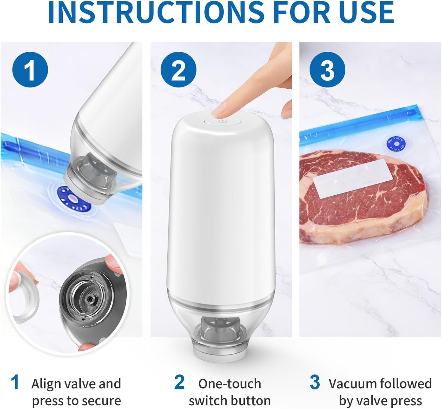 Handheld Vacuum Sealer, Sous Vide Vacuum Pump, Rechargeable Hand Held Vacuum Sealer for food Storage, Camping, Sous Vide, Reusable Vacuum Bags Compatibility, White(Pump Only)