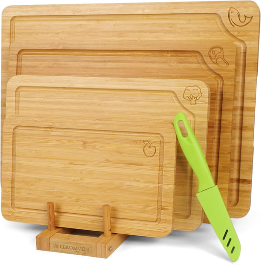4-Piece Bamboo Cutting Boards for Kitchen, Chopping Board Set with Food Icon (Meat, Fish, Vegetables, Fruits) Butcher Block with Stands, Handles & Juice Grooves (Small, Medium, Large, XL)