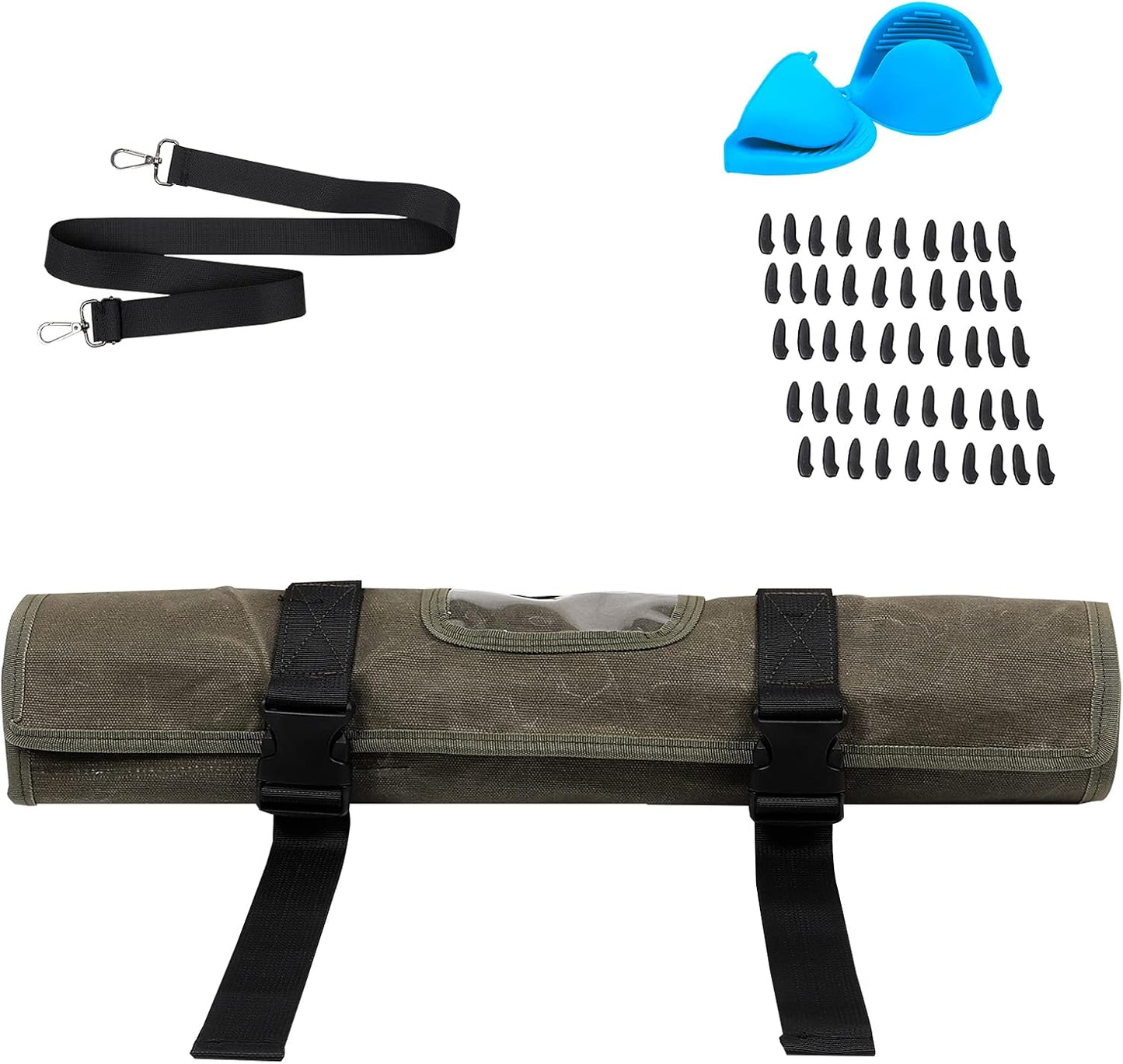 HERSENT Waxed Canvas Chef’s Knife Roll Bag,Army Green Knife Wrap,Portable Knife Roll,Waterproof Pocket Knife Carrier,Durable 16oz Knife Case With Adjustable Shoulder Strap