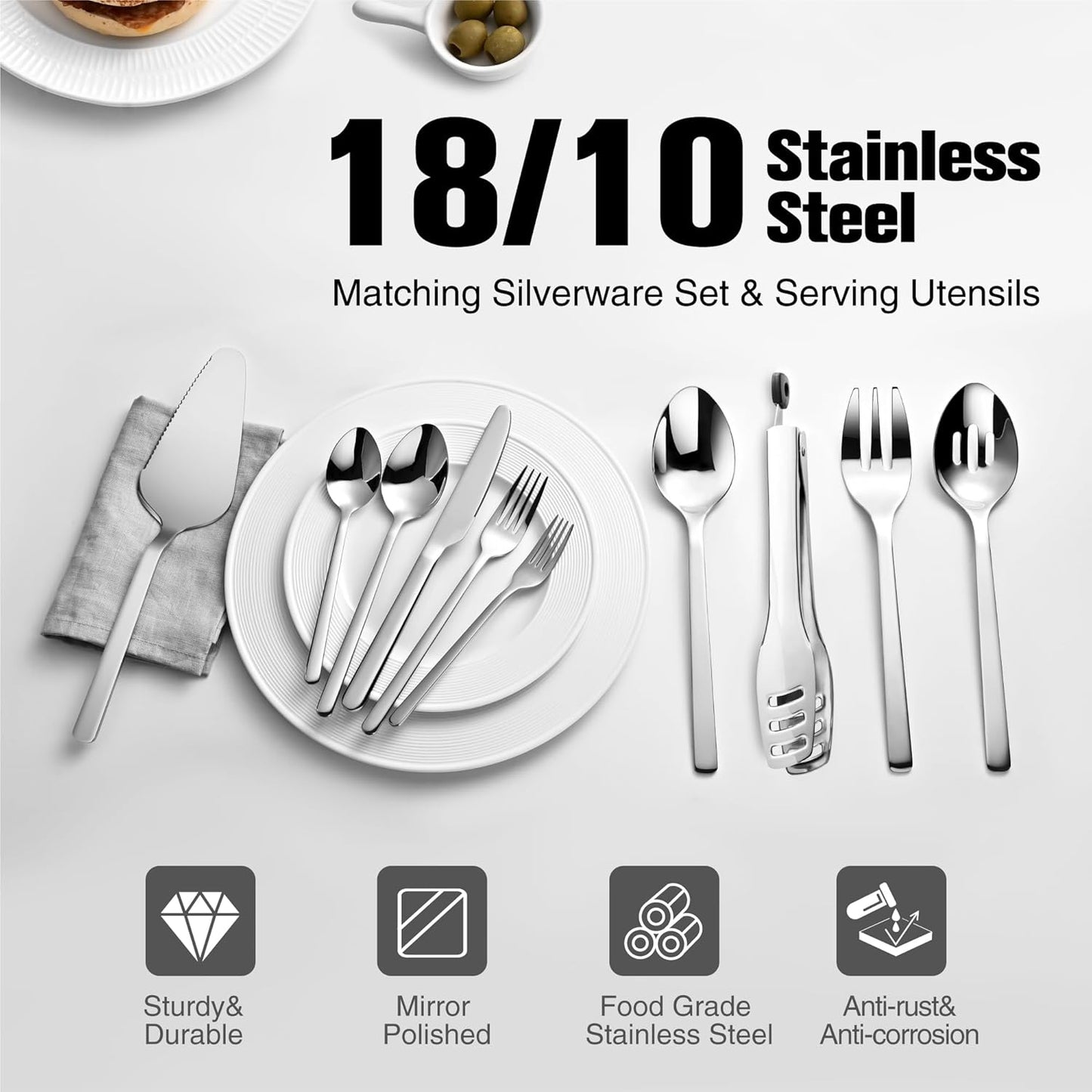 KINGSTONE 48-Piece Silverware Set with Steak Knives, Flatware Set for 8, Stainless Steel Tableware Cutlery Set for Home Restaurant, Mirror Finish,Modern Design