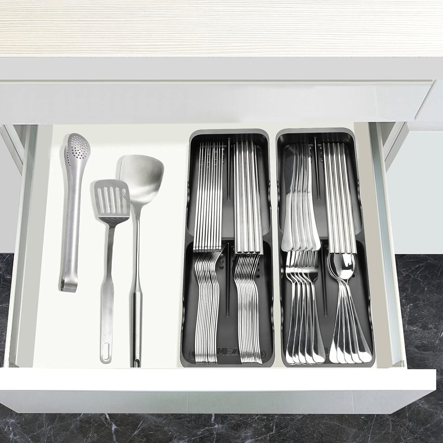 Kitchen Drawer Organizer Small Silverware Organizer/Utensil Holder and Cutlery Tray for Flatware and Silverware Partition Storage (Black - Flatware Organizers Only)