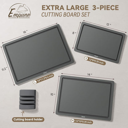 Empune 3-Piece Plastic Cutting Boards for Kitchen - Thick & Non-Slip Chopping Board Set with Juice Grooves, Dishwasher Safe, BPA Free, Includes Large & Small Sizes, Gray
