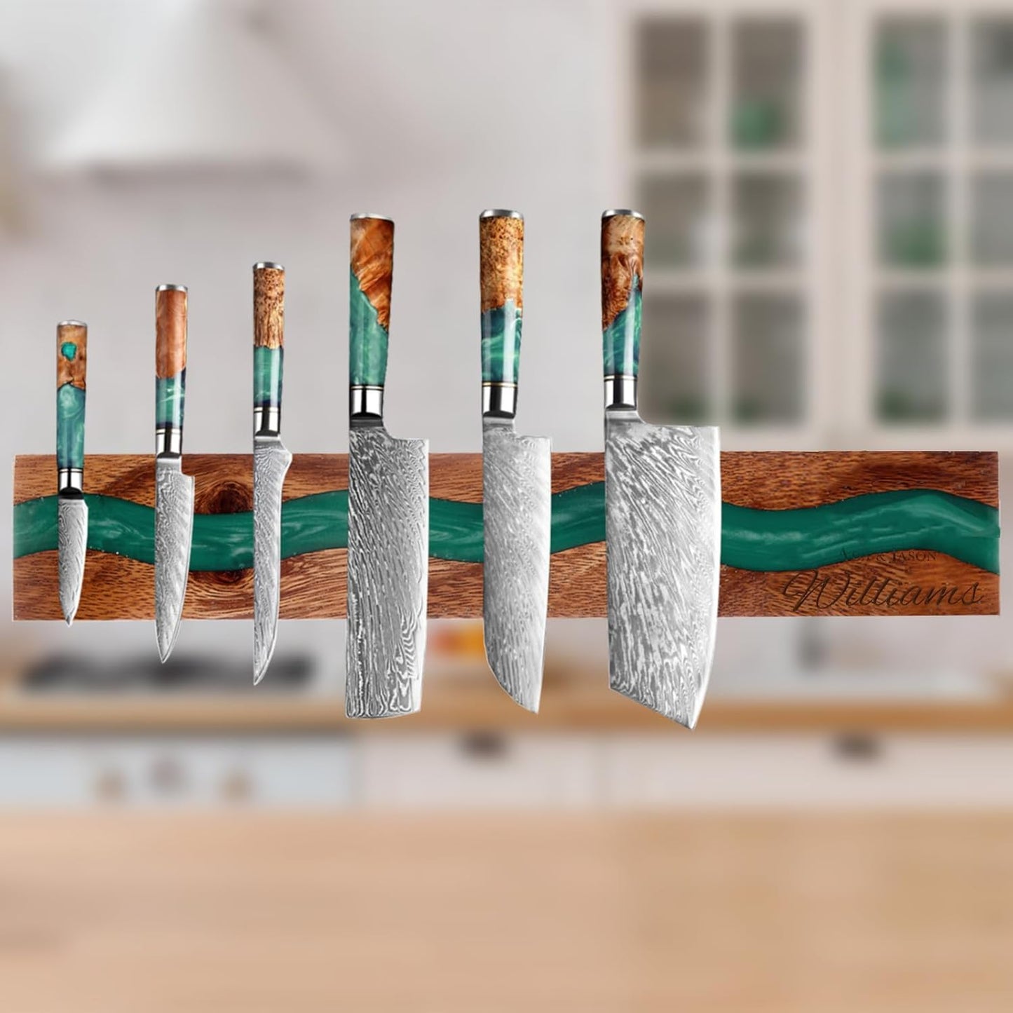 Magnetic Knife Holder, 15.7 Inch Walnut Wood and Resin Magnetic Knife Bar for Wall, Heavy Duty Magnet Holds 8 Knives, Handcrafted Ocean Blue (Ocean's Embrace)