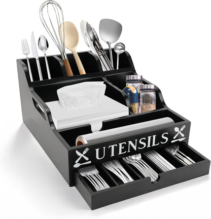 Large Kitchen Utensil Holder with Drawer Organizer, Bamboo Silverware Organizer for Countertop, Cutlery Tray with Dividers for Flatware Spoon Forks Knives Cooking Tool (Black)