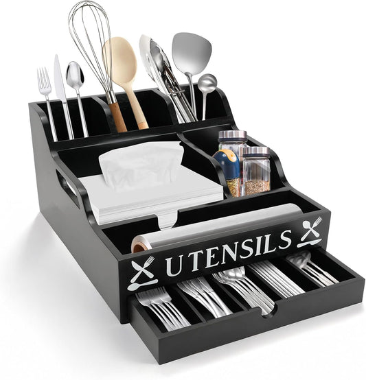 Large Kitchen Utensil Holder with Drawer Organizer, Bamboo Silverware Organizer for Countertop, Cutlery Tray with Dividers for Flatware Spoon Forks Knives Cooking Tool (Black)