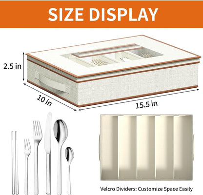 Aokeyee 2-Pack Silverware Storage Box, Sturdy Flatware Organizer with 5 Compartments & Adjustable Dividers, Utensil Case with Clear Lid & Handle for Knives, Forks & Spoons, Gray
