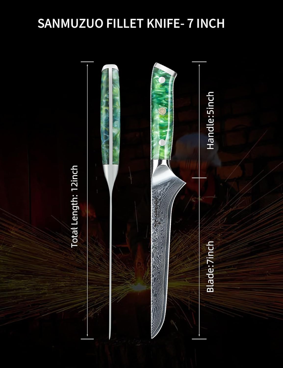 7 inch Fillet Knife, VG10 Damascus Steel Fish Boning Knife with Resin Handle - Xuan Series (Sunset Red)