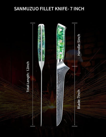 7 inch Fillet Knife, VG10 Damascus Steel Fish Boning Knife with Resin Handle - Xuan Series (Sunset Red)