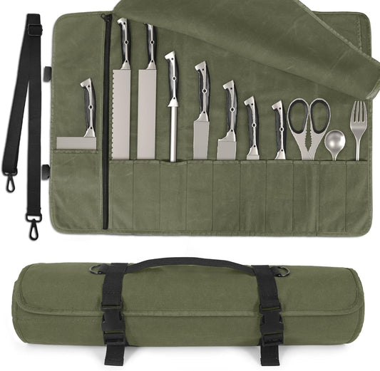 lelezone Chef Knife Roll Bag,Waterproof Waxed Canvas Knife Case Holds,Knives Roll Bags for Chefs Professional with Adjustable Strap,Chef Backpack with 11 Knife Slots and a Large Zippered Pocket