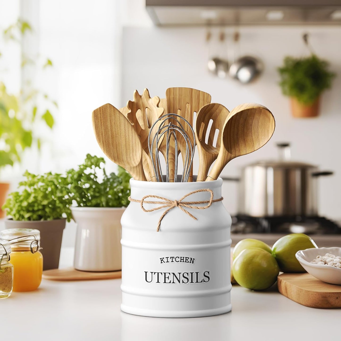 Barnyard Designs Ceramic Farmhouse Utensil Holder for Kitchen Counter, Large Rustic Utensil Crock, Countertop Cooking Tool Spatula Organizer, 6.75” (Taupe)