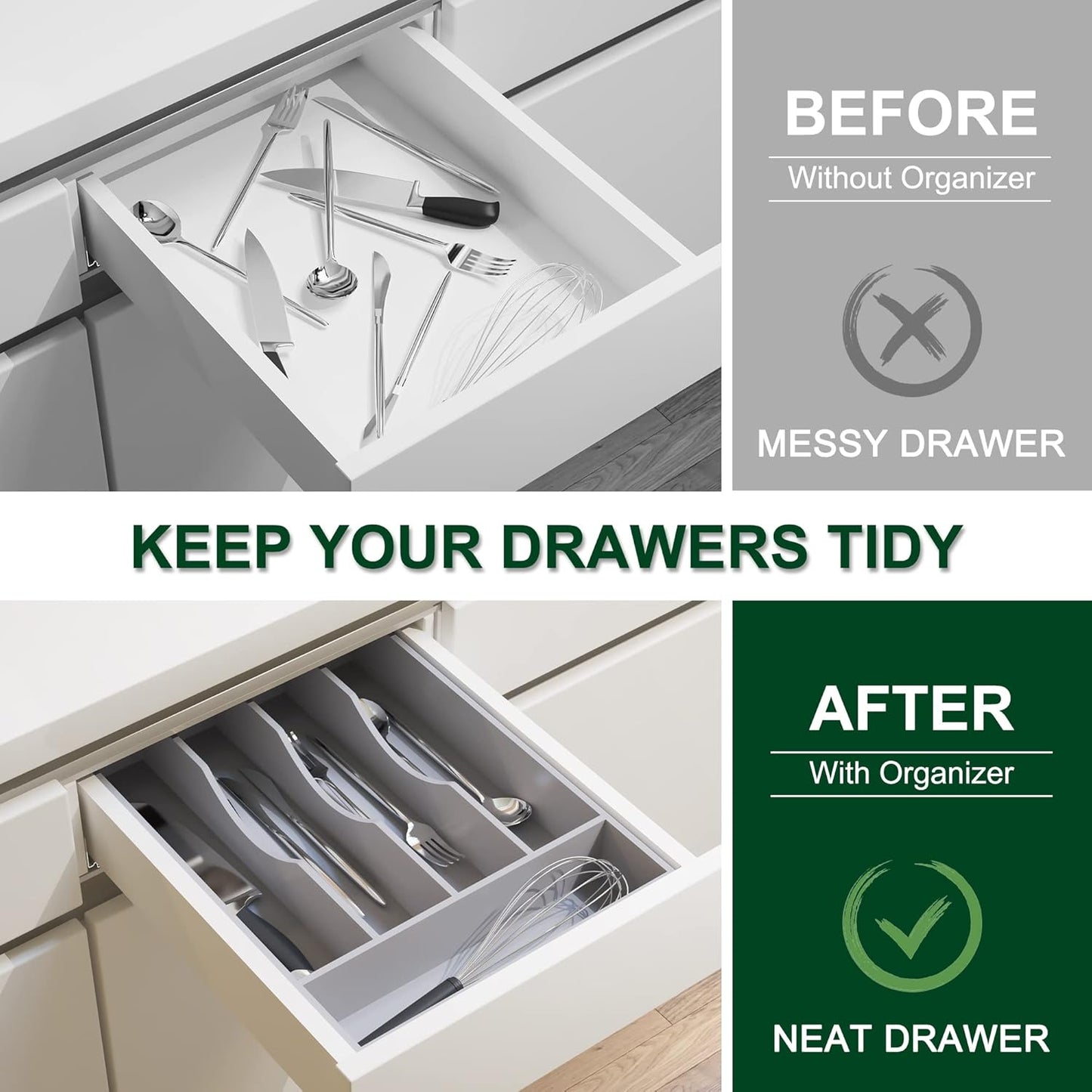 Bellsal Natural Utensil Organizer 12.5 Inch Silverware Organizer for Drawer Utensil Holder Cutlery Organizer Kitchen Drawer Organizer 7 Compartment Small Narrow Bamboo