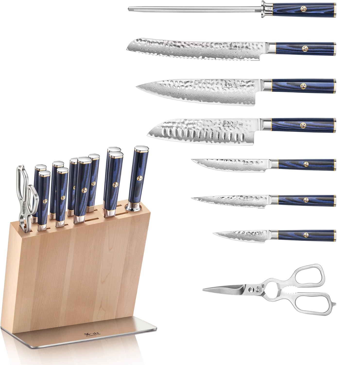 Cangshan KITA Series 12-Piece Knife Block Set, HUA Ash Wood Block, 501790 (Blue, 12pc)