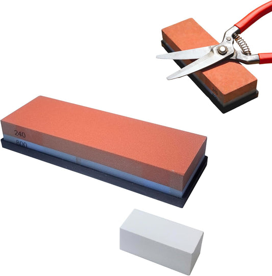 Garden Tool Sharpening Stone Set | 240/800 Grit Dual-Sided Whetstone with Flattening Stone & Silicone Base | Large Bench Sharpener for Pruners, Garden Shears, Chisels, & Bonsai Tools