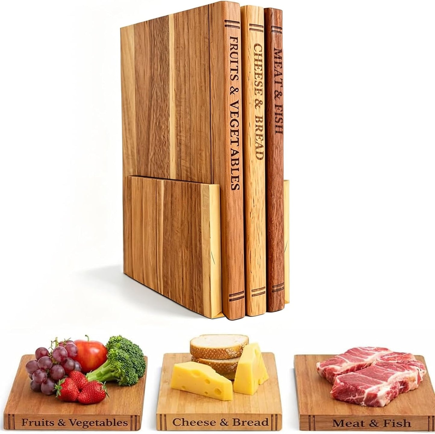 3-Piece Book-Shaped Cutting Board Set - Food Safe, Non-Slip Chopping Boards for Kitchen Organization and Stylish Serving,Acacia Wood