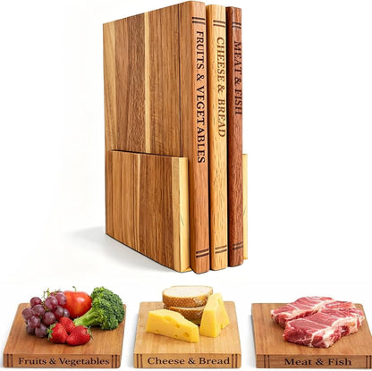 3-Piece Book-Shaped Cutting Board Set - Food Safe, Non-Slip Chopping Boards for Kitchen Organization and Stylish Serving,Acacia Wood