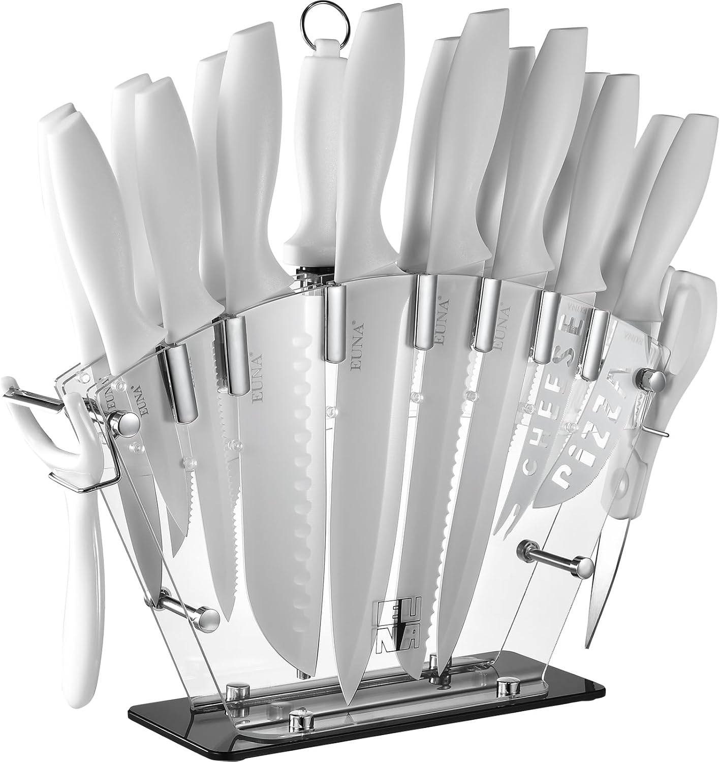 EUNA Knife Block Set, 19 PCS Kitchen Knife Set with Acrylic Block and Sharpener, German High-Carbon Stainless Steel Knife Sets with 6 Serrated Steak Knives, Bread Knife, Chef Knife, Dishwasher Safe