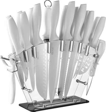 EUNA Knife Block Set, 19 PCS Kitchen Knife Set with Acrylic Block and Sharpener, German High-Carbon Stainless Steel Knife Sets with 6 Serrated Steak Knives, Bread Knife, Chef Knife, Dishwasher Safe