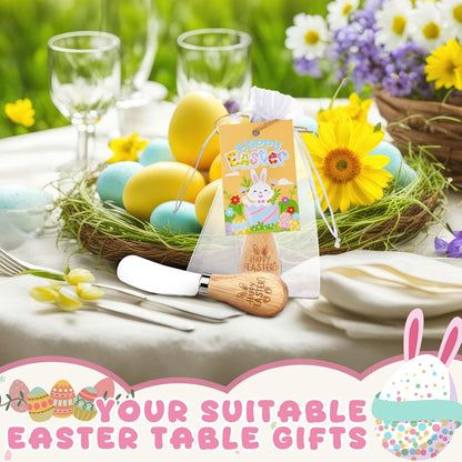 24 Pack Easter Party Favors Gift Set Cheese Spreader Knives with Greeting Cards & Organza Bags, Stainless Steel Butter Spreader with Wood Handle, Easter Charcuterie Board Table Decor