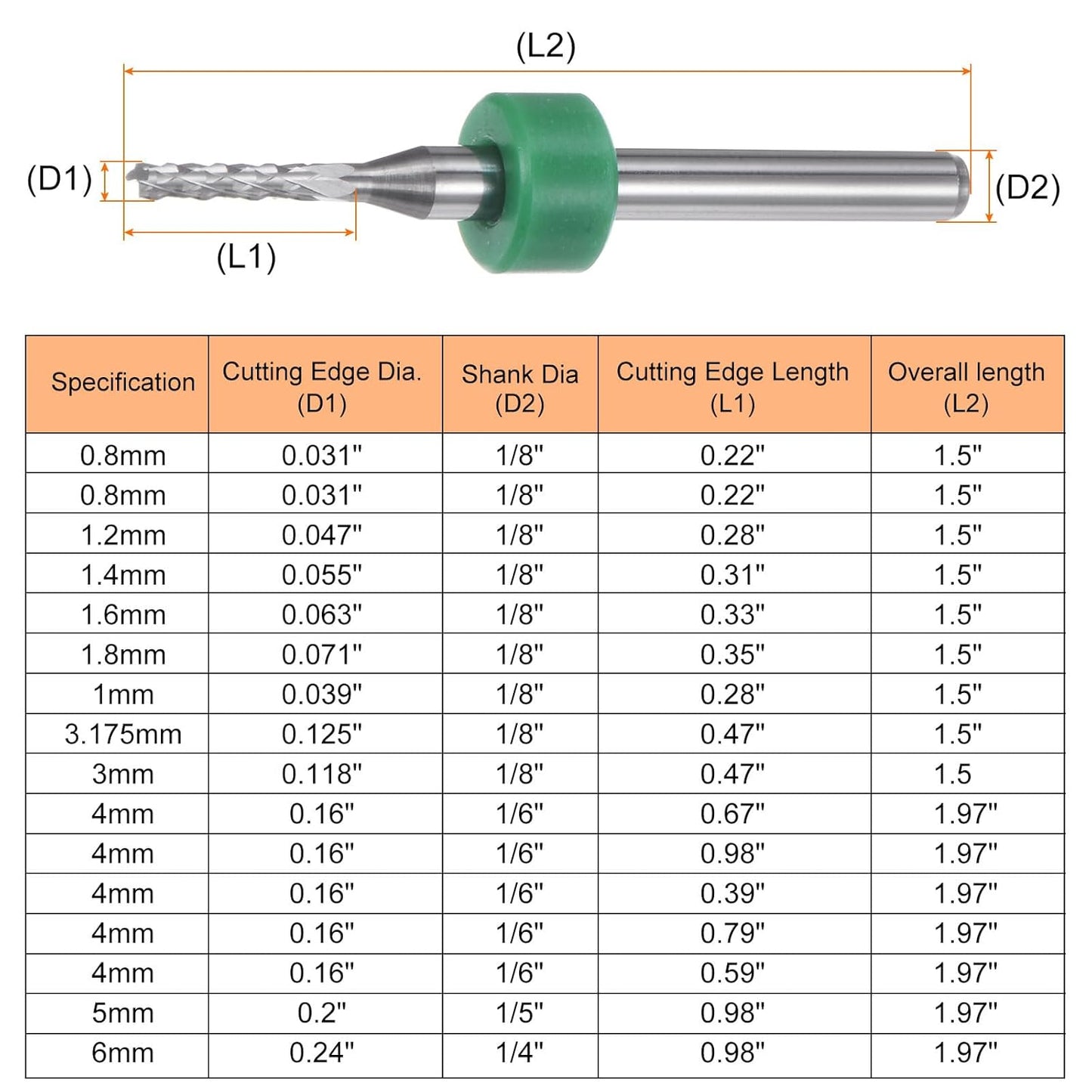 HARFINGTON 10pcs End Mill Bits 0.8mm Solid Carbide CNC Router Bits Engraving Cutter Tools for PCB Circuit Board Milling Machine Wood Carving, 1/8" Straight Shank