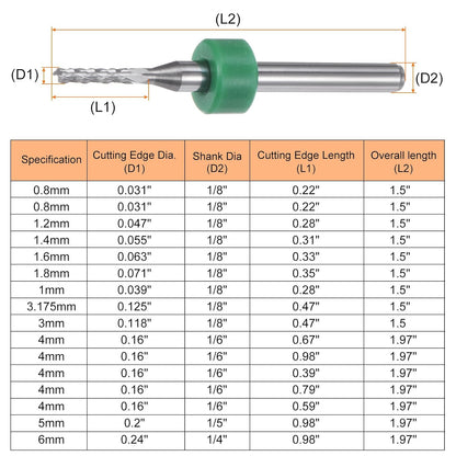 HARFINGTON 10pcs End Mill Bits 0.8mm Solid Carbide CNC Router Bits Engraving Cutter Tools for PCB Circuit Board Milling Machine Wood Carving, 1/8" Straight Shank