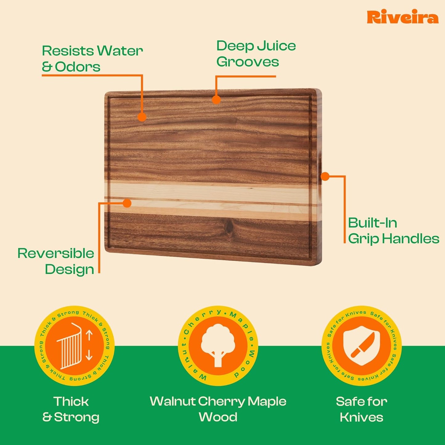 Riveira Walnut Cutting Board Set – Versatile And Durable: Set Of 3 Pcs Rectangular Wooden Cutting Board – Natural Wooden Cutting Boards For Kitchen – Complete Walnut Wooden Chopping Board