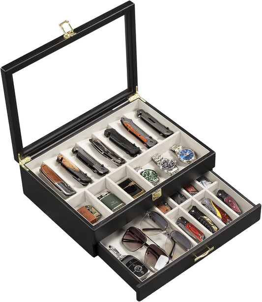 Emfogo Pocket Knife Display Case for Collection of 18-24 Folding Knives, Pocket Case with Real Glass Window Top, Two-Tier Knife Organizer Storage Box, Men's Gift (Walnut)