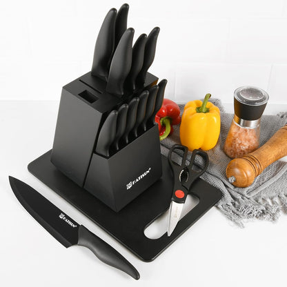 Kitchen Knife Set,14-Piece Knife Set With Block Wooden, Self Sharpening For Chef Knife Set, High Carbon German Stainless Steel Hammered Collection Knife Block Set, Dishwasher Safe Cutlery, Cream